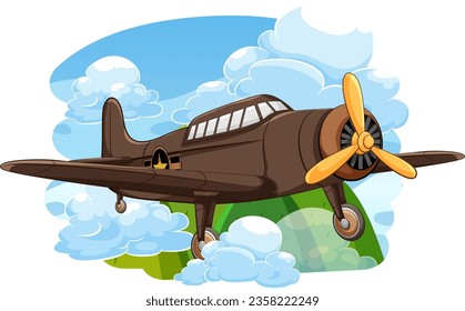 A vector cartoon illustration of a vintage military aircraft soaring through the sky with a mountain background