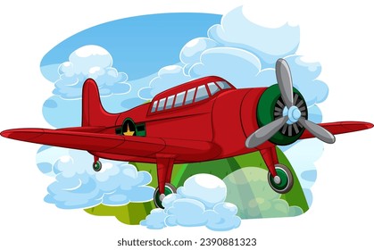 A vector cartoon illustration of a vintage military aircraft flying in the sky with a mountain background