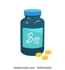 Vector cartoon illustration of vitamin b12 packaging in a jar and golden capsules. Supplements for vitamin deficiencies or anemia. Isolated design on a white background.