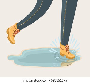 Vector cartoon illustration of walking through puddle and splashing. Isolated on light background
