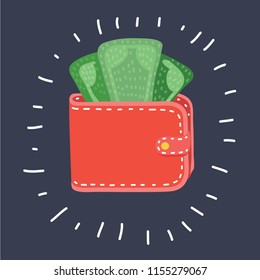 Vector cartoon illustration of Wallet icon vector Money Icon vector. wallet with money on dark background.