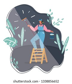 Vector cartoon illustration of Washing windows. Woman wiping glass with housework cleaning house or maid homework. Night cleaning service.