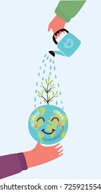 Vector cartoon illustration of watering can pouring on to plant on globe earth. Isolated object on white background. Human hands+