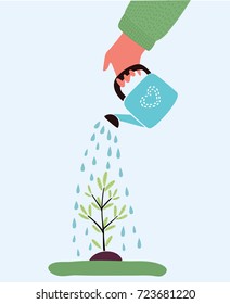 Vector cartoon illustration of watering plant with watering can. Planting plant. Isolated object on white background.