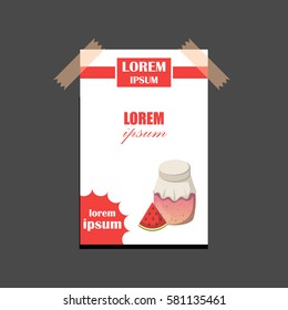 Vector cartoon illustration with watermelon jam jar. Sweet jelly marmalade glass bottle. Homemade sugar preserves icon. Fruit food object