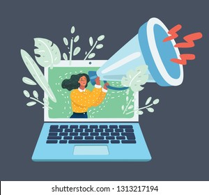 Vector cartoon illustration of Web advertising and spam concept with woman and megaphone