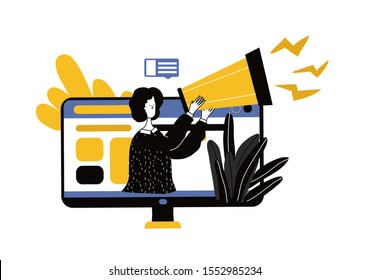 Ilustración de dibujos animados de Vector de publicidad de Web y concepto de spam con mujer y megáfono. Mensajes no deseados o no solicitados. Ilustración vectorial colorida en estilo FLAT moderno.