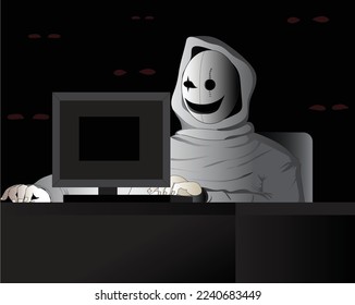 vector cartoon illustration of a website hacker wearing a mask sitting on a chair looking at the computer in front of him and seen typing something on the computer keyboard