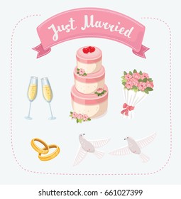 Vector cartoon illustration of weeding set icons in cartoon style. Glass of champagne, a cake with floral decorations, rings, pigeons, a wedding bouquet