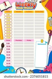 A vector cartoon illustration of a weekly lesson plan divided by hours, with a note template, available for printing