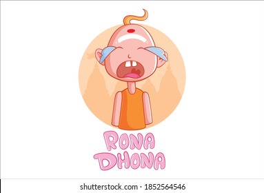 Vector cartoon illustration of weeping Indian priest. Rona dhona Hindi text translation- crying. Isolated on a white background.