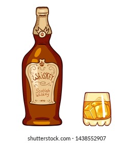 Vector Cartoon Illustration - Whiskey Bottle and Glass