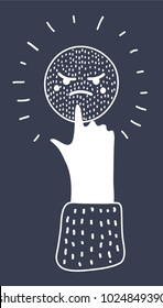 Vector cartoon illustration of white angry icon on black backgrond. Human hand, love symbol. Signal finger to pushing button. Drawn modern style concept. Annoyed emoticon. Angry smile.