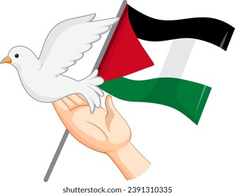 Vector cartoon illustration of a white bird with the Palestine flag symbol, representing peace and support
