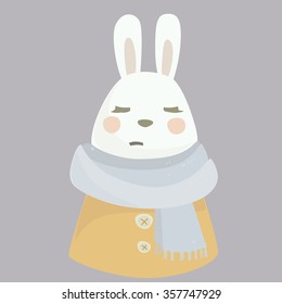 Vector cartoon illustration  White cute rabbit wearing warm scarf  Feeling bad  sad   illness