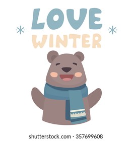 Vector cartoon illustration. White happy cute bear wearing a warm scarf. Love winter