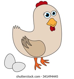 Vector cartoon illustration of white hen with eggs isolated on white background. 