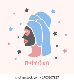 Dibujo vectorial con una joven blanca después de la ducha con toalla y máscara hidratante en la cara. Concepto de rutina de belleza matutina. Aislado en blanco. Para publicidad de cosméticos, afiches, pancartas. 