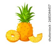 Vector cartoon illustration of a whole pineapple fruit and pineapple slices isolated on a white background. Tropical fruit design.