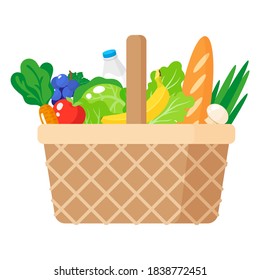 Vector cartoon illustration of wicker picnic basket with healthy organic food isolated on white background. Caring for the environment concept. Eco-food shopping.