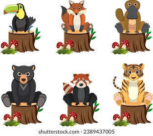 Vector cartoon illustration of wild animals perched on a tree stump