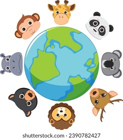 Vector cartoon illustration of wild animals with faces above a globe icon