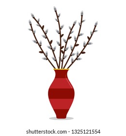 Vector cartoon illustration of willow branches in the big modern vase isolated on white background.