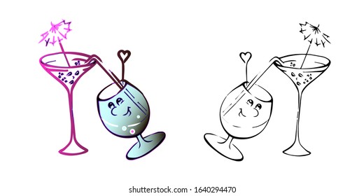 vector cartoon illustration wine glass with funny face and eyes drinks. valentines day greeting card.outline contours drawing for decoration of a cafe, menu, alcohol card.