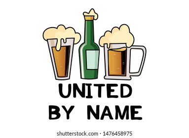 Vector cartoon illustration of wine mug, bottle and glass. Lettering  text united by name. Isolated on white background.