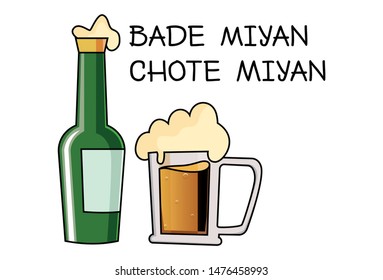 Vector cartoon illustration of wine mug and bottle. Lettering bade miyan chote miyan text translation - Big mian little mian. Isolated on white background.