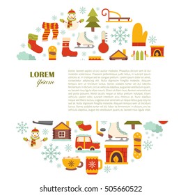 Vector cartoon illustration with winter background. Vector winter sport, car, snowflake, cloth, tea, fireplace. Cartoon cute winter objects. Vector background for your holidays design