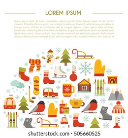 Vector cartoon illustration with winter background. Vector winter sport, car, snowflake, cloth, tea, fireplace. Cartoon cute winter objects. Vector background for your holidays design