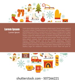 Vector cartoon illustration with winter background. Vector winter sport, car, snowflake, cloth, tea, fireplace. Cartoon cute winter objects. Vector background for your holidays design