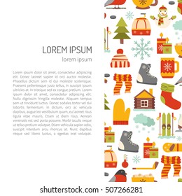 Vector cartoon illustration with winter background. Vector winter sport, car, snowflake, cloth, tea, fireplace. Cartoon cute winter objects. Vector background for your holidays design
