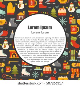 Vector cartoon illustration with winter background. Vector winter sport, car, snowflake, cloth, tea, fireplace. Cartoon cute winter objects. Vector background for your holidays design