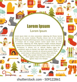 Vector cartoon illustration with winter background. Vector winter sport, car, snowflake, cloth, tea, fireplace. Cartoon cute winter objects. Vector background for your holidays design