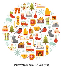 Vector cartoon illustration with winter background. Vector winter sport, car, snowflake, cloth, tea, fireplace. Cartoon cute winter objects. Vector background for your holidays design