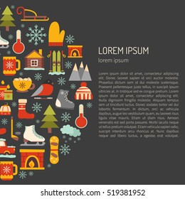 Vector cartoon illustration with winter background. Vector winter sport, car, snowflake, cloth, tea, fireplace. Cartoon cute winter objects. Vector background for your holidays design