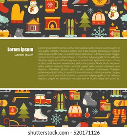Vector cartoon illustration with winter background. Vector winter sport, car, snowflake, cloth, tea, fireplace. Cartoon cute winter objects. Vector background for your holidays design