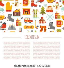 Vector cartoon illustration with winter background. Vector winter sport, car, snowflake, cloth, tea, fireplace. Cartoon cute winter objects. Vector background for your holidays design
