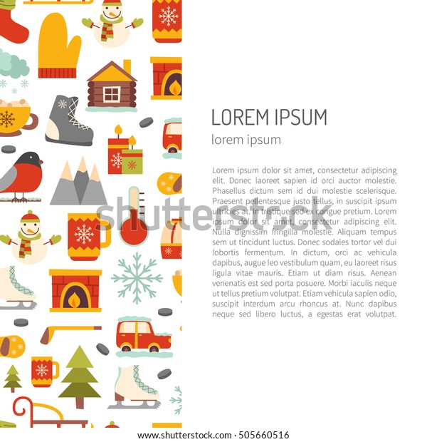 Vector cartoon\
illustration with winter background. Vector winter sport, car,\
snowflake, cloth, tea, fireplace. Cartoon cute winter objects.\
Vector background for your holidays\
design