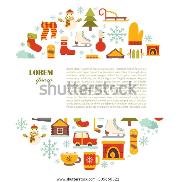 Vector cartoon\
illustration with winter background. Vector winter sport, car,\
snowflake, cloth, tea, fireplace. Cartoon cute winter objects.\
Vector background for your holidays\
design
