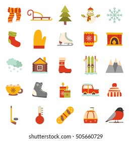 Vector cartoon illustration with winter icons. Vector winter sport, car, snowflake, cloth, tea, fireplace. Cartoon cute winter objects. Vector icons for your design