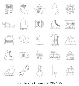 Vector cartoon illustration with winter icons. Vector winter sport, car, snowflake, cloth, tea, fireplace. Cartoon cute winter objects. Vector icons for your design