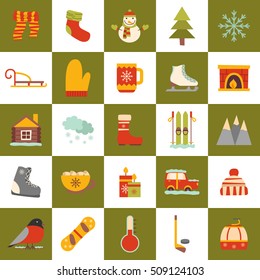 Vector cartoon illustration with winter icons. Vector winter sport, car, snowflake, cloth, tea, fireplace. Cartoon cute winter objects. Vector icons for your design