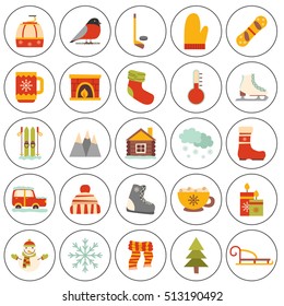 Vector cartoon illustration with winter icons. Vector winter sport, car, snowflake, cloth, tea, fireplace. Cartoon cute winter objects. Vector icons for your design