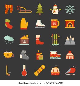 Vector cartoon illustration with winter icons. Vector winter sport, car, snowflake, cloth, tea, fireplace. Cartoon cute winter objects. Vector icons for your design