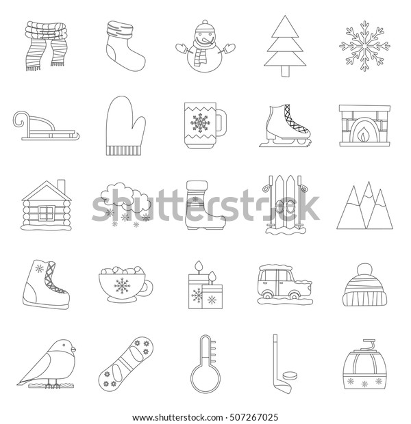 Vector cartoon illustration\
with winter icons. Vector winter sport, car, snowflake, cloth, tea,\
fireplace. Cartoon cute winter objects. Vector icons for your\
design