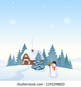 Vector cartoon illustration of a winter landscape with a snowy small house and a cute snowman, square background