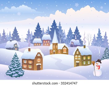 Vector cartoon illustration of a winter landscape with a small snowy town and a snow man